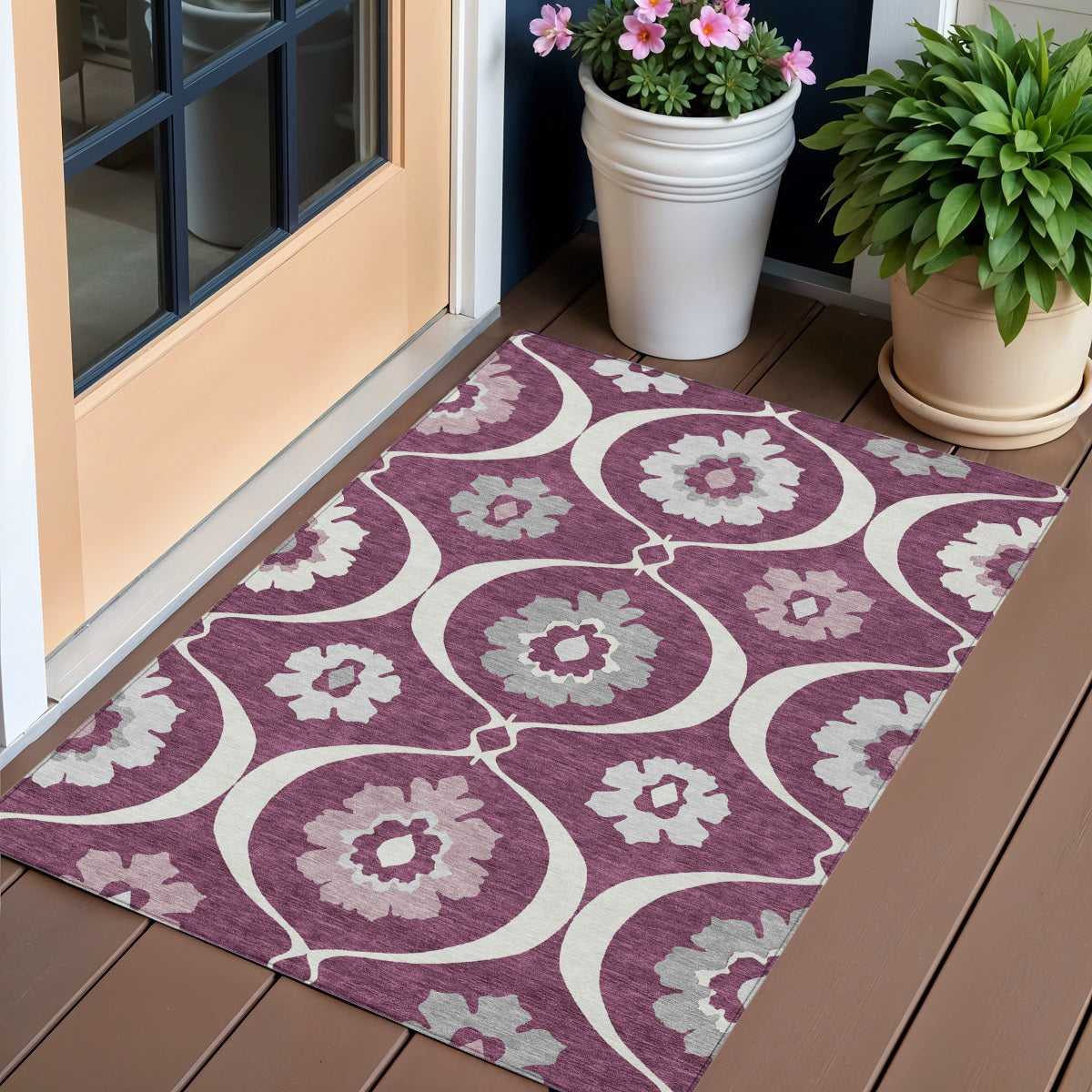 Eggplant Ivory Gray Medallion Indoor Outdoor Rug 3x5 Feet Washable - Rosetta Creative Boutique